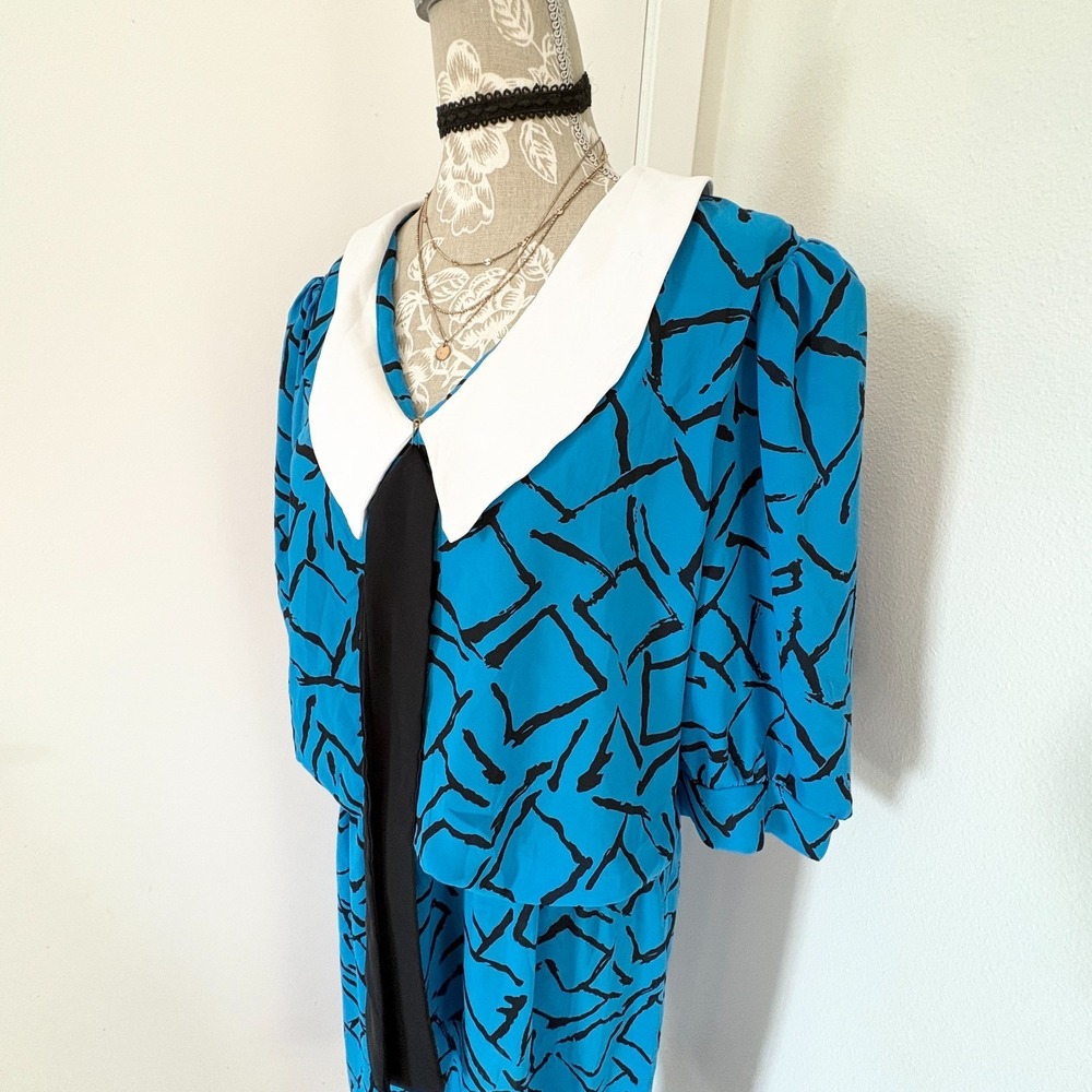 JB Too Vintage 80s Womens Size 14 Blue Abstract Print Collared Tie Dress - Picture 4 of 9